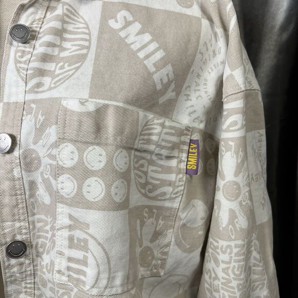 Smiley X H&M Womens XS Oversized Denim Shacket Shirt Beige White Button Up Smile - Picture 3 of 14